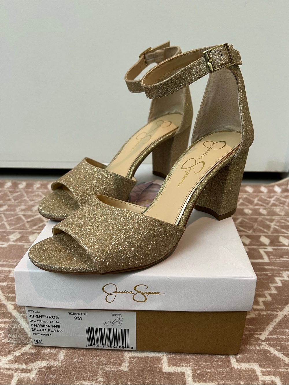 Jessica Simpson JS Sherron Glitter Champagne Ankle-Strap Block Heels Sz9